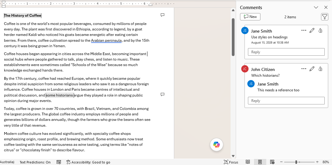 Comments in list view in Word